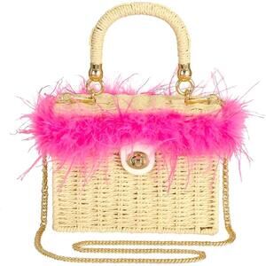 Chic Pink Feather-Trimmed Woven Bag-NWT